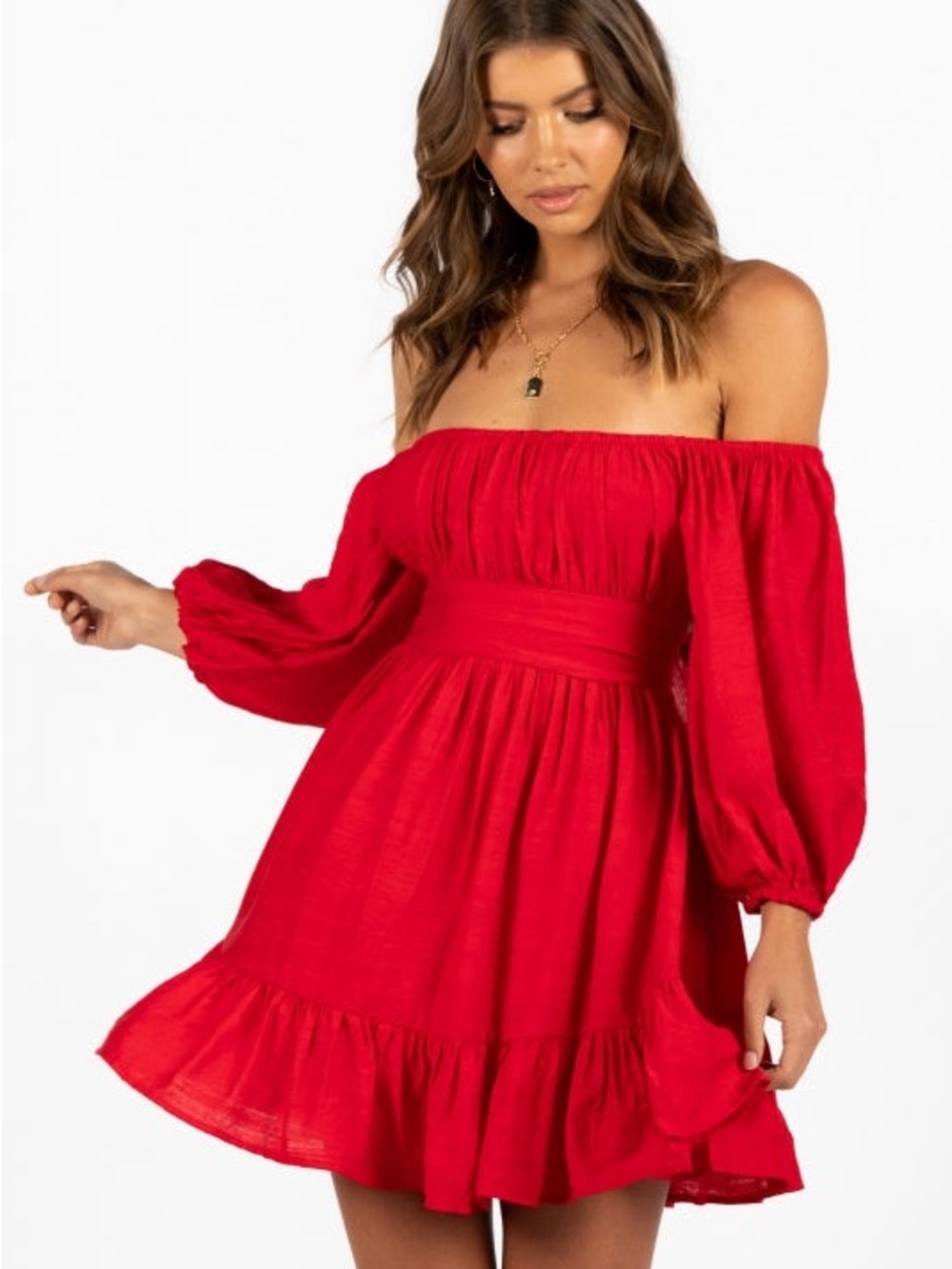 💯Linen Selfie Leslie Red Off-Shoulder Long Sleeve Ruffle Mini Dress